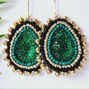 2/$27 | Emerald and Black Shield Beaded Indigenous Hoop Earrings | Handmade